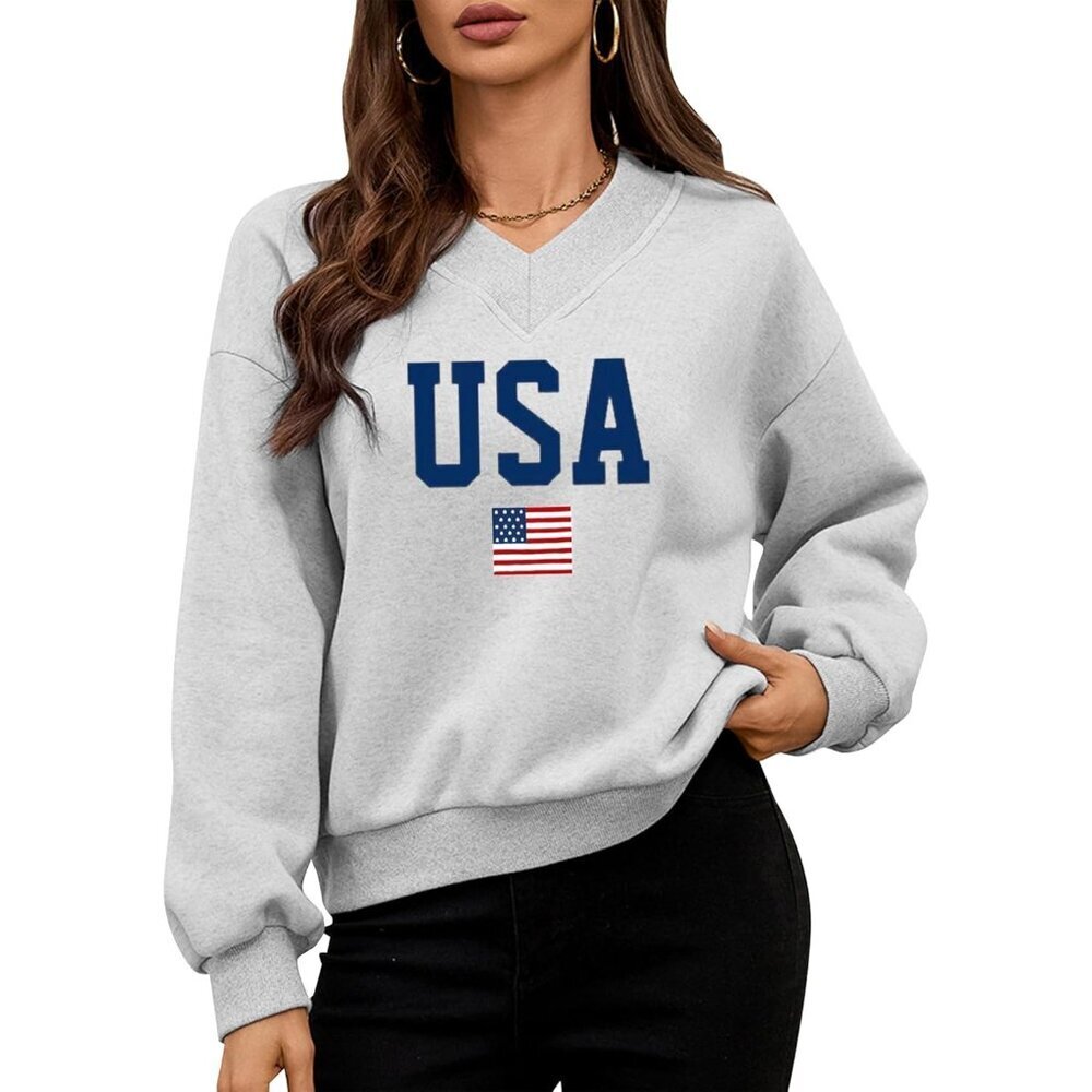 Women Graphic V Neck Sweatshirt Large USA Flag Long Sleeve Pullover - Picture 7 of 7